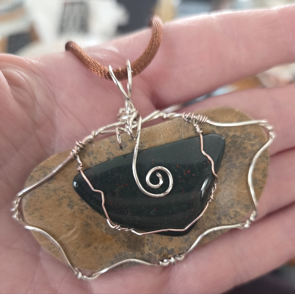Earthy Handcrafted River Jasper And Dark Green Agate Pendant
